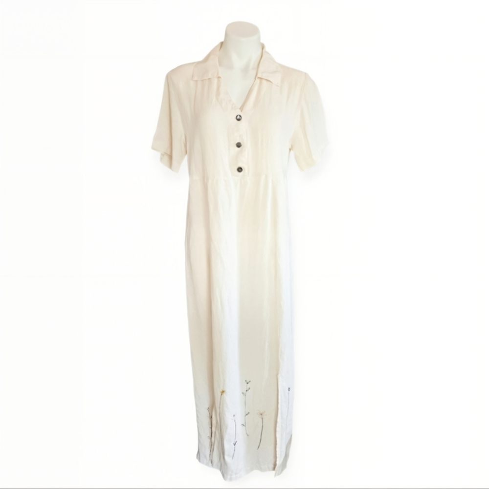 Johnny Was Vintage Cream/Ivory 100% Linen Floral Embroidered Maxi Shirt Dress - Picture 2 of 12